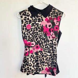 Samantha Sung 100% Silk Blouse Floral Leopard Collared Tank Top Black Size 4